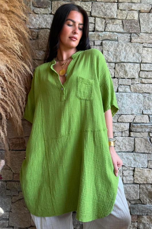 Tasha Cushion Cotton Oversized Shirt Tunic Verde